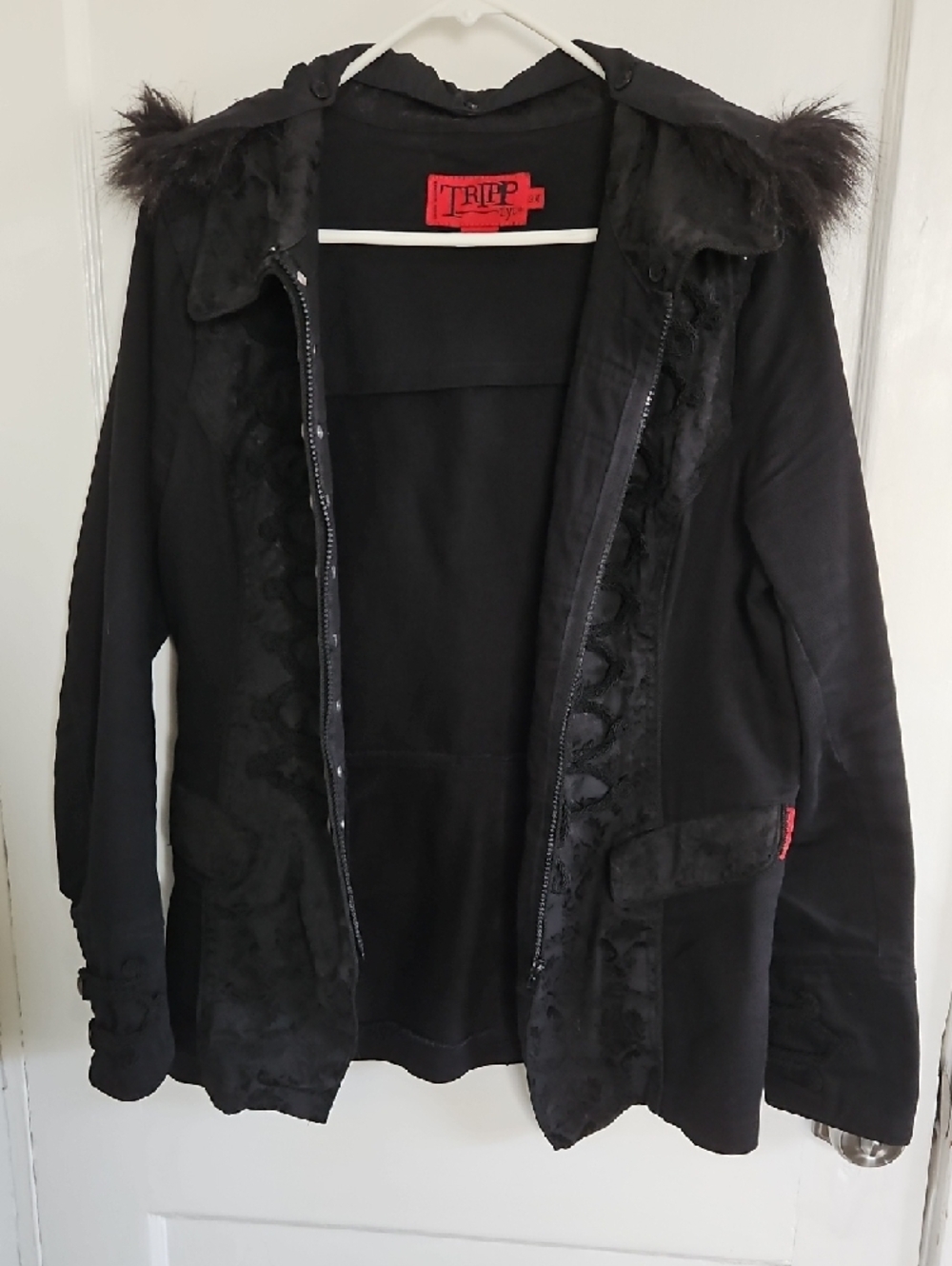 Tripp NYC Black Military-Inspired Hooded Coat with Faux Fur Trim - Picture 8 of 9